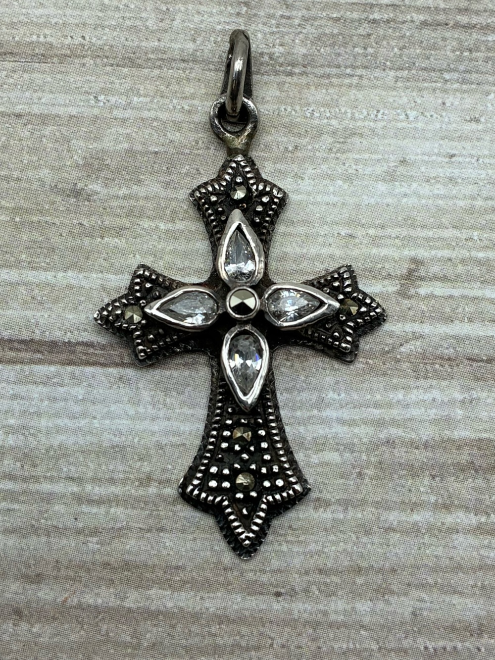 Sterling Silver Marcasite Cross Pendant with Clear Crystal Accents